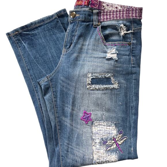 Women's Embellished boho jeans Re-Worked straight leg embroidered in purples - Picture 1 of 14